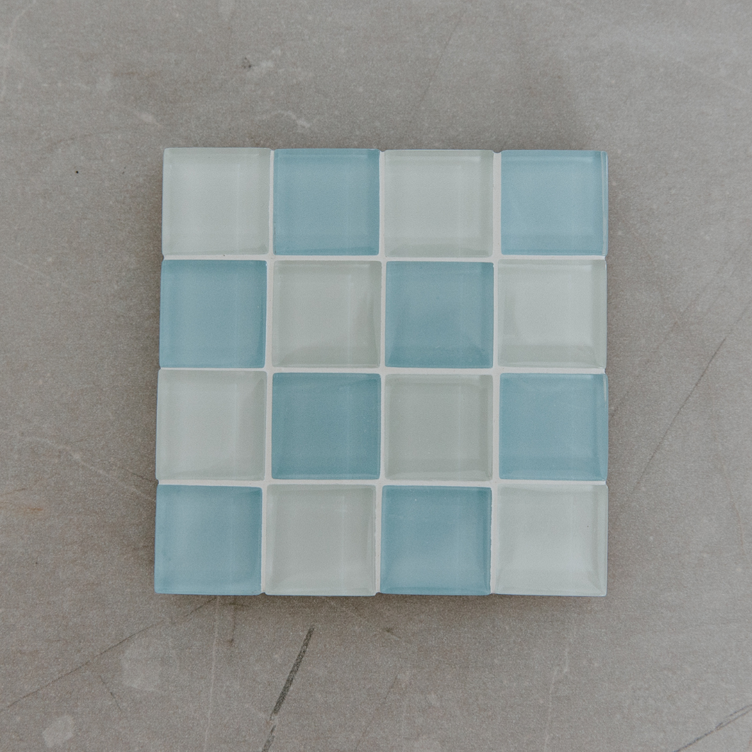 Glass Light Blue Coaster - Checkered