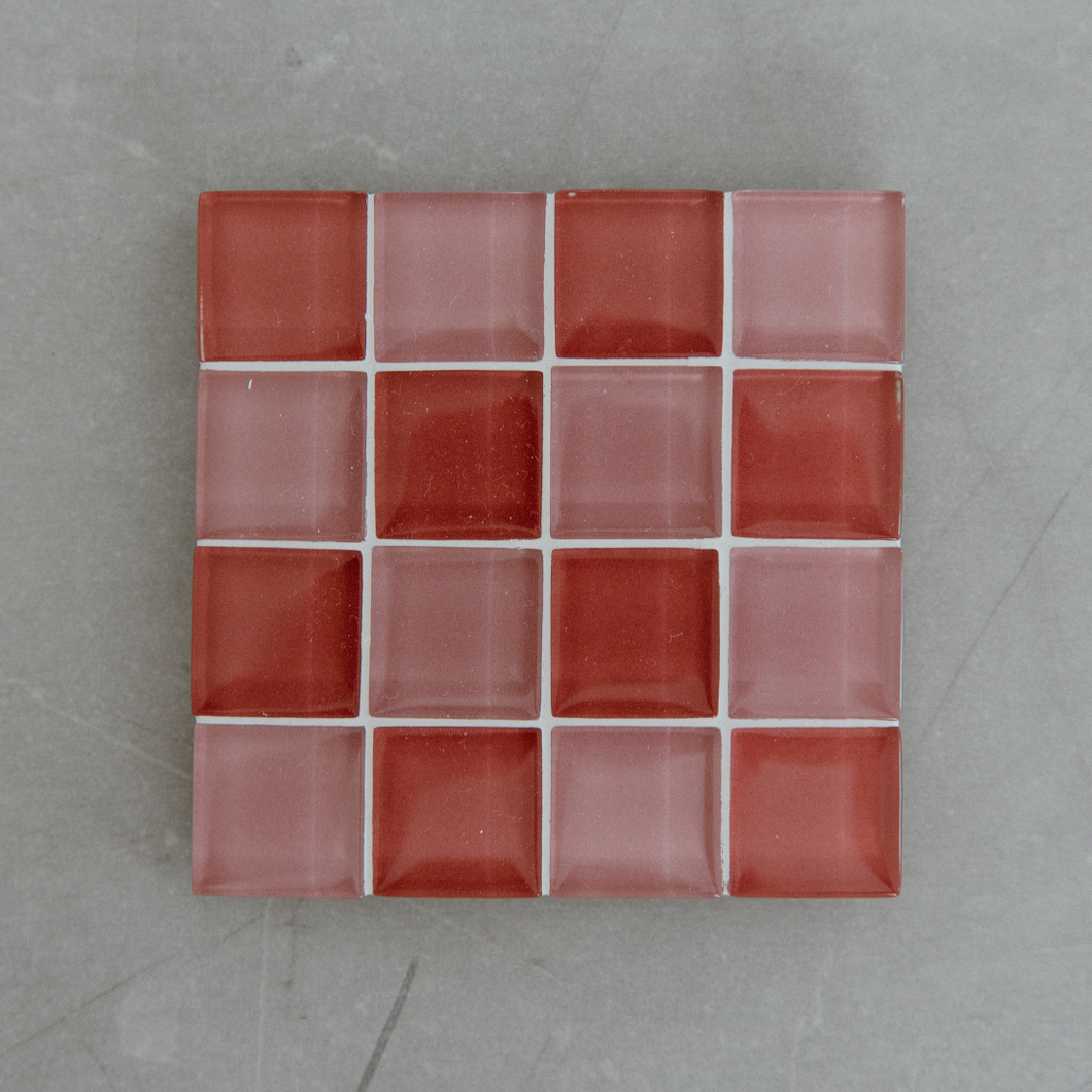 Glass Pink Coaster - Checkered